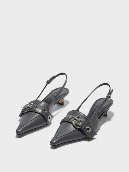Aeyde | Davina Leather Pumps for Women | Charcoal Nappa | Pointed Toe | Low Heel | Luxury Materials | Handmade in Italy