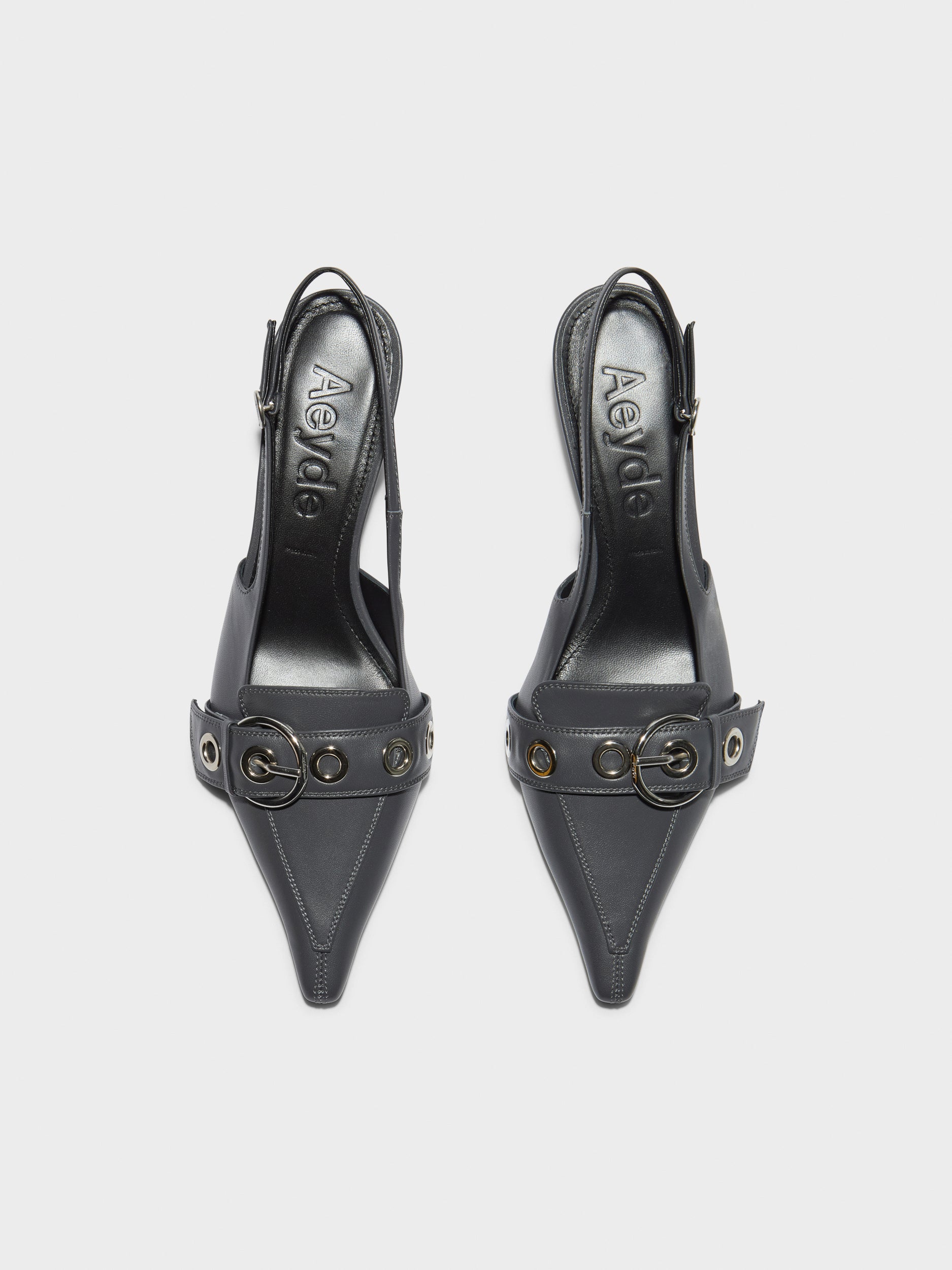 Aeyde | Davina Leather Pumps for Women | Charcoal Nappa | Pointed Toe | Low Heel | Heel Details