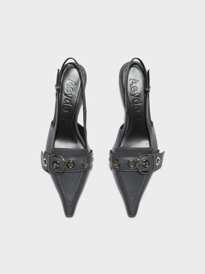 Aeyde | Davina Leather Pumps for Women | Charcoal Nappa | Pointed Toe | Low Heel | Heel Details