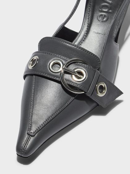 Aeyde | Davina Leather Pumps for Women | Charcoal Nappa | Pointed Toe | Low Heel | Front View