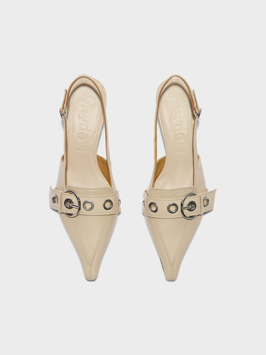Aeyde | Davina Leather Pumps for Women | Sand Nappa | Pointed Toe | Mid Heel | Front View