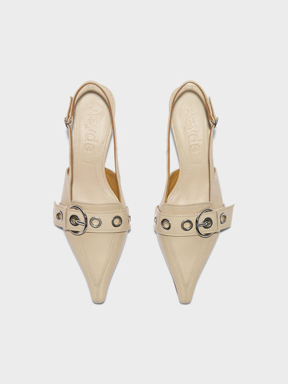 Aeyde | Davina Leather Pumps for Women | Sand Nappa | Pointed Toe | Mid Heel | Front View
