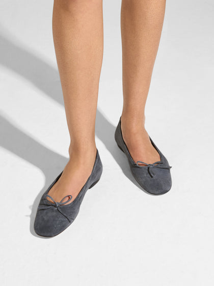 Aeyde | Delfina Leather Flats for Women | Charcoal Suede | Round Toe | Flat Heel | On Feet