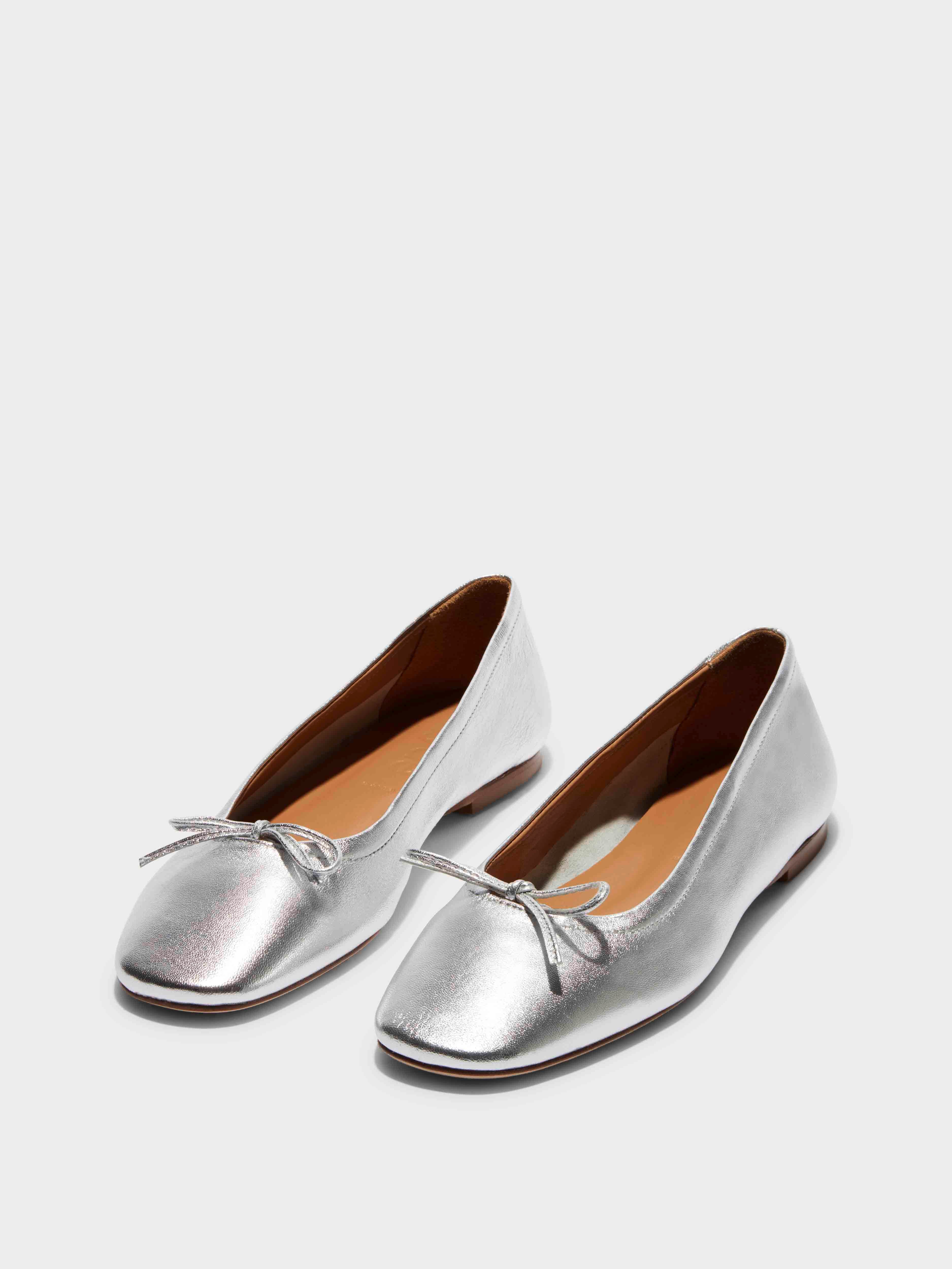 Aeyde | Delfina Leather Ballet Flats Leather Flats for Women | Silver Nappa | Round Toe | Flat Heel | On Feet
