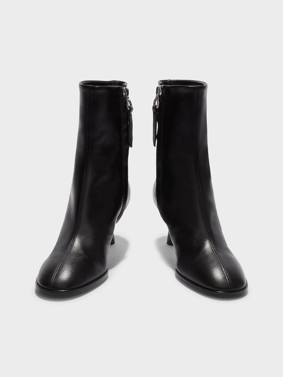 Aeyde | Dorothy Leather Ankle Boots for Women | Black Nappa | Round Toe | Mid Heel | Front View