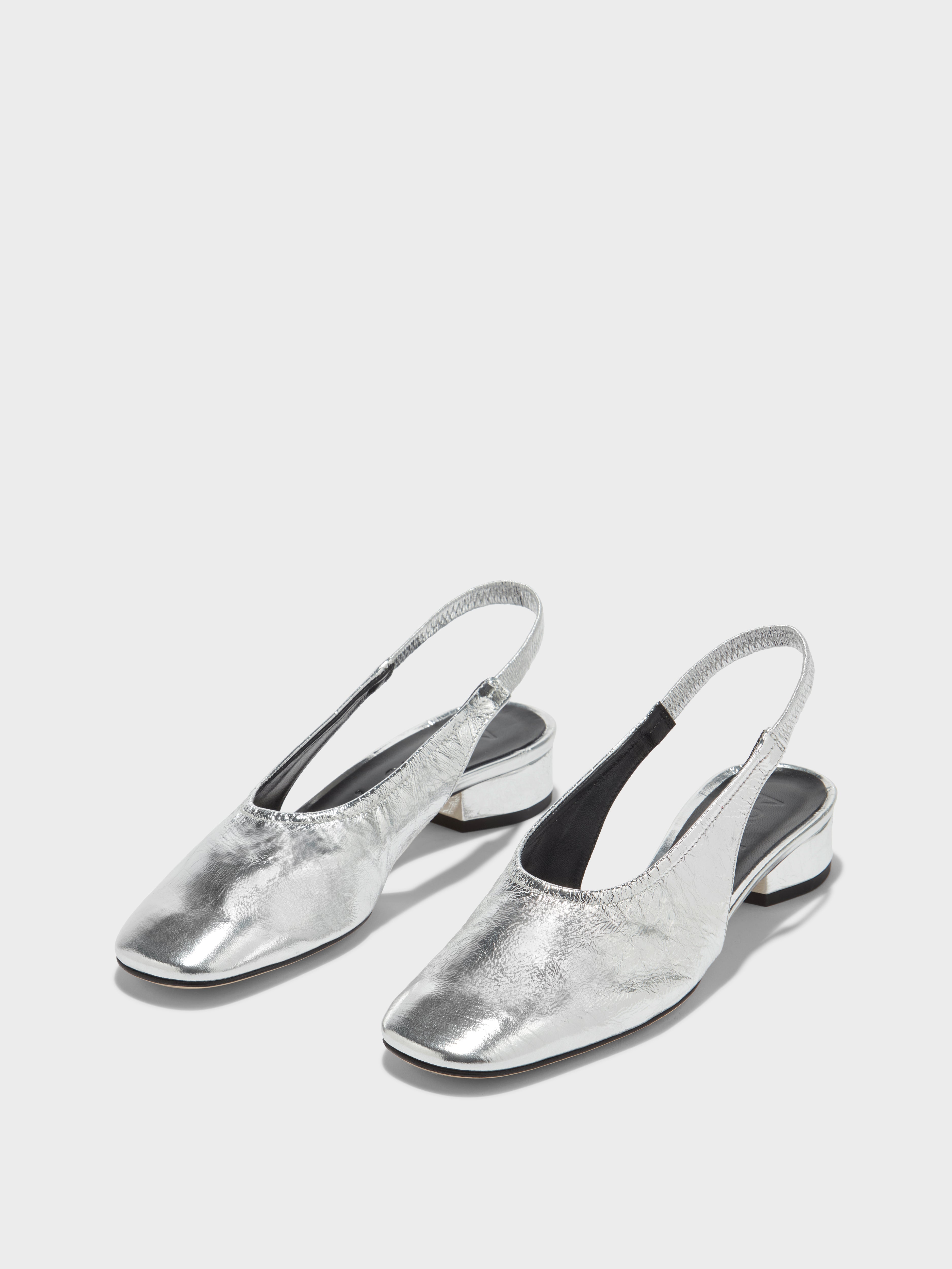 Aeyde | Dua Leather Flats for Women | Silver Crackle | Round Toe | Low Heel | On Feet