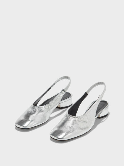 Aeyde | Dua Leather Flats for Women | Silver Crackle | Round Toe | Low Heel | On Feet