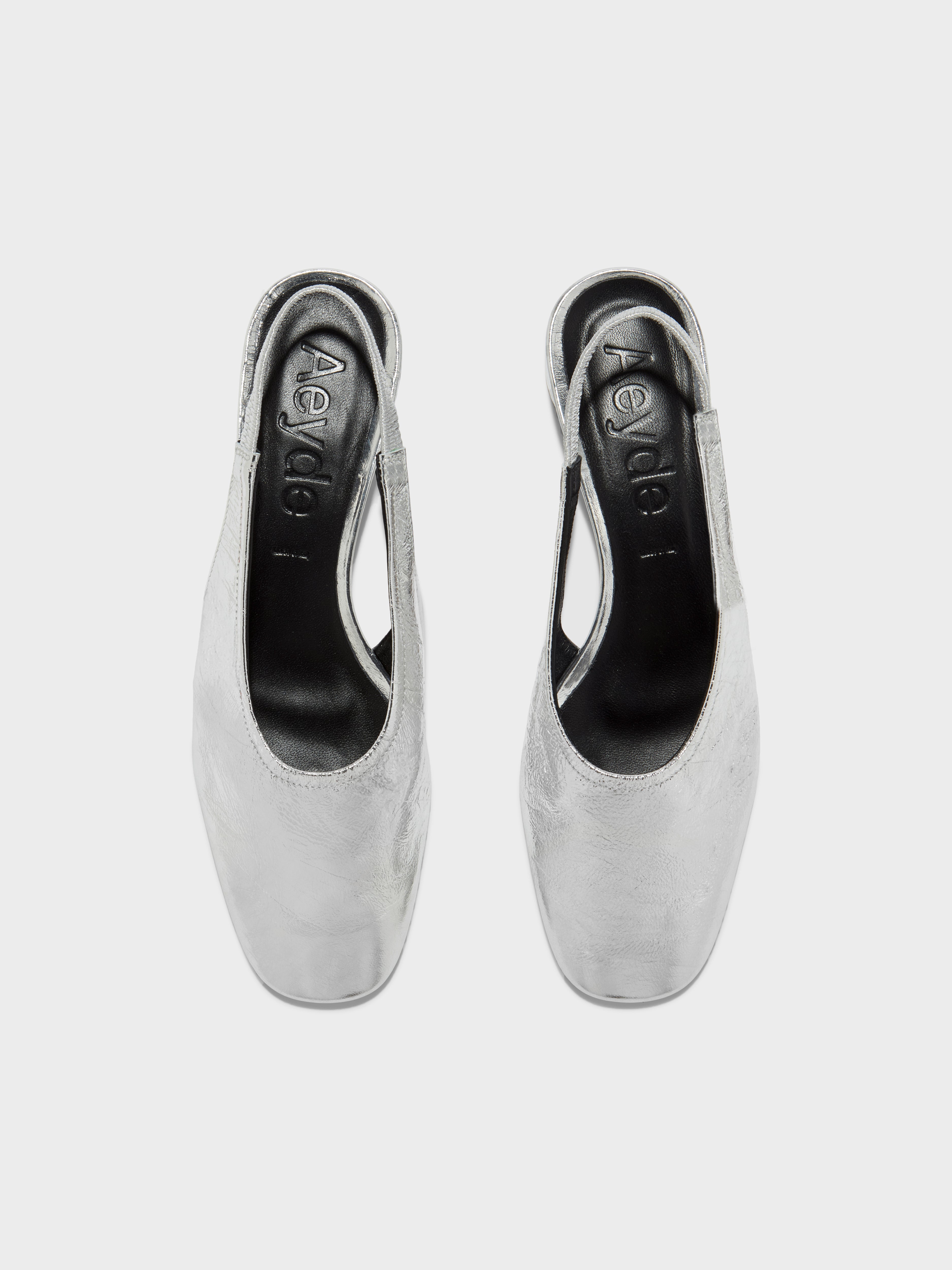 Aeyde | Dua Leather Flats for Women | Silver Crackle | Round Toe | Low Heel | Front View