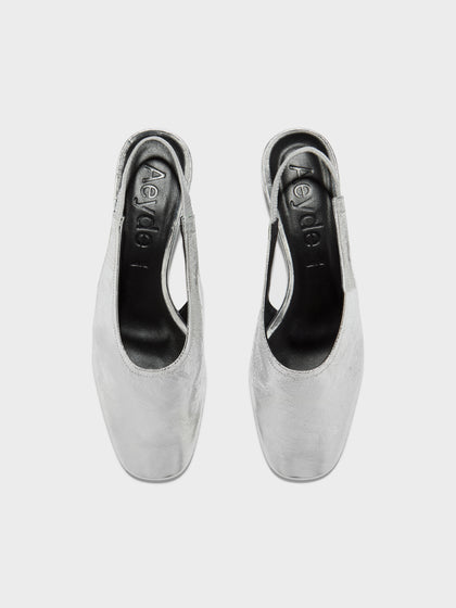 Aeyde | Dua Leather Flats for Women | Silver Crackle | Round Toe | Low Heel | Front View