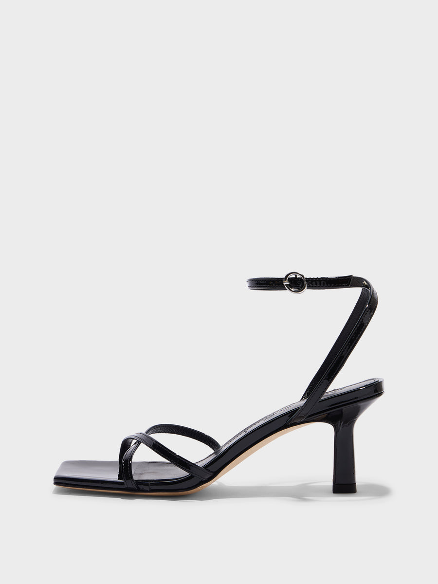 Aeyde | Edith Leather Heeled Sandals for Women | Black Patent | Square Toe | Mid Heel | Side View