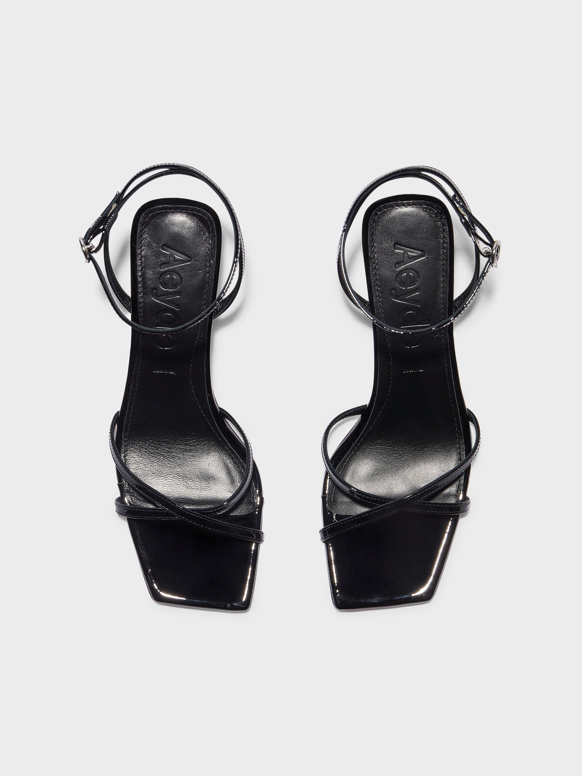 Aeyde | Edith Leather Heeled Sandals for Women | Black Patent | Square Toe | Mid Heel | Front View