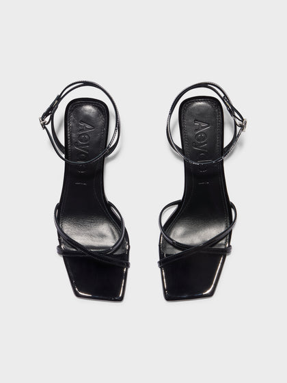 Aeyde | Edith Leather Heeled Sandals for Women | Black Patent | Square Toe | Mid Heel | Front View