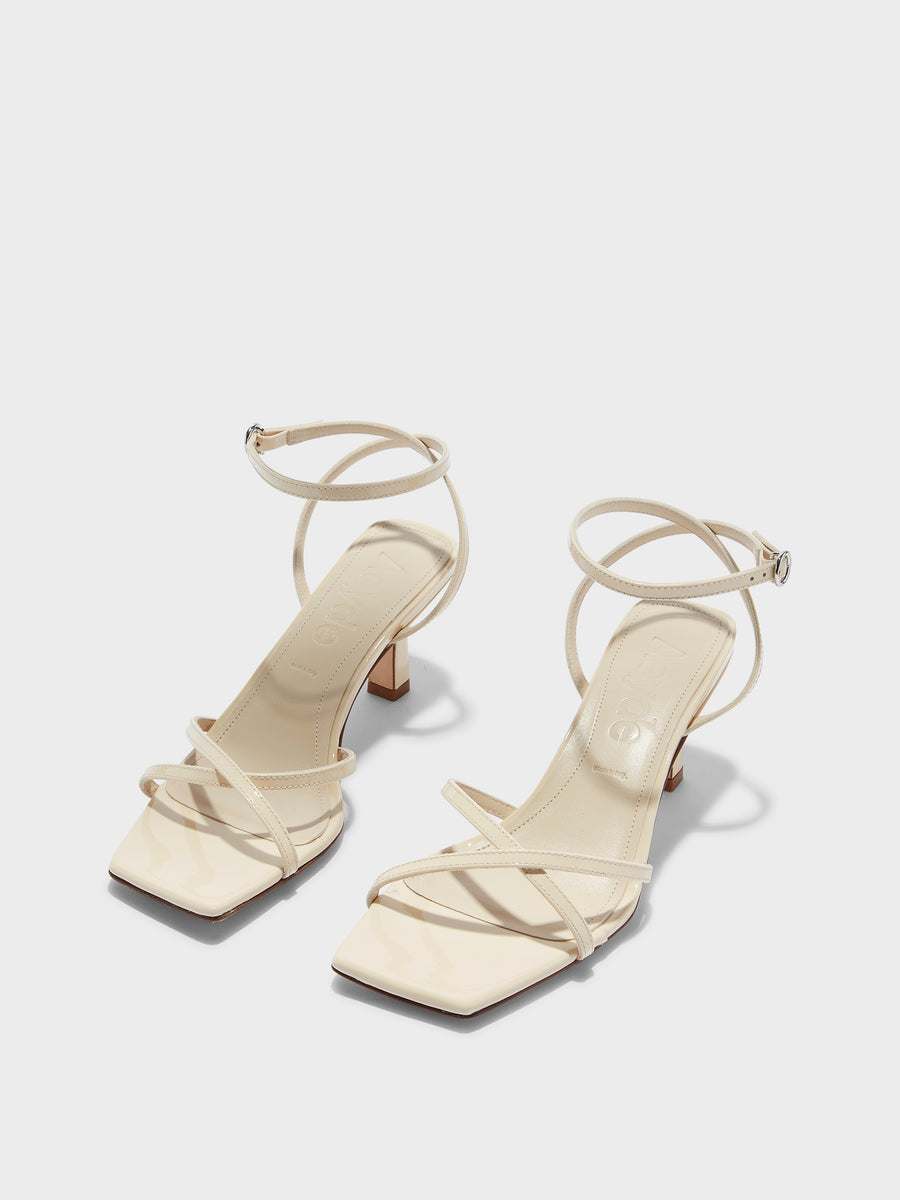 Aeyde | Edith Leather Heeled Sandals for Women | Creamy Patent | Square Toe | Mid Heel | Luxury Materials | Handmade in Italy