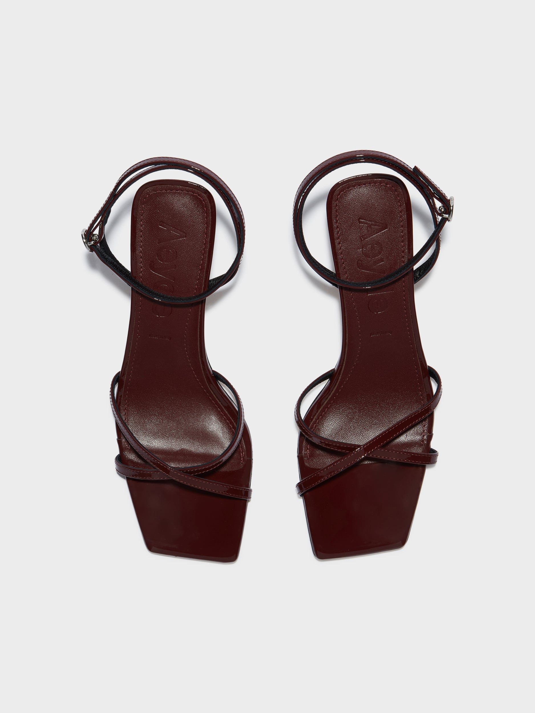 Aeyde | Edith Leather Heeled Sandals for Women | Port Patent | Square Toe | Mid Heel | Front View