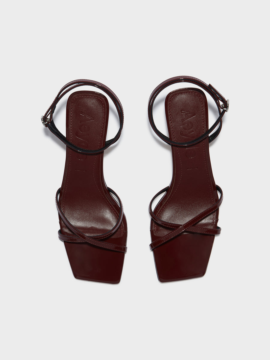 Aeyde | Edith Leather Heeled Sandals for Women | Port Patent | Square Toe | Mid Heel | Front View