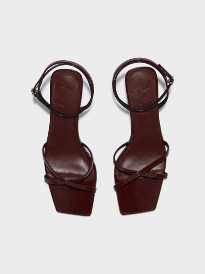 Aeyde | Edith Leather Heeled Sandals for Women | Port Patent | Square Toe | Mid Heel | Front View