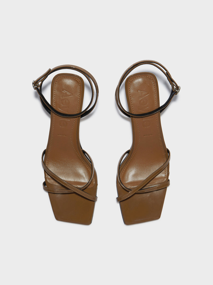 Aeyde | Edith Leather Heeled Sandals for Women | Tobacco Patent | Square Toe | Mid Heel | Front View