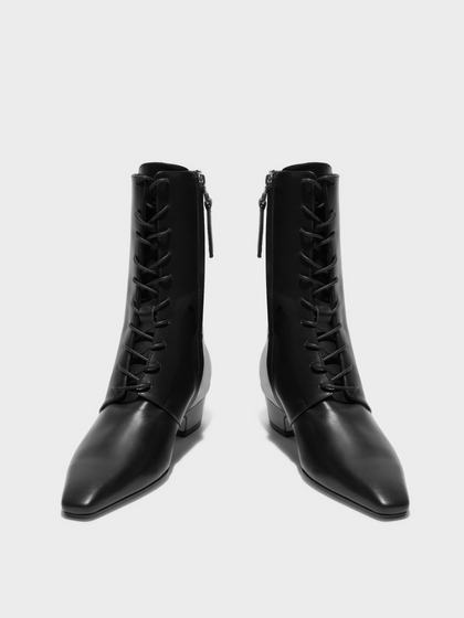 Aeyde | Elva Leather Ankle Boots Leather Ankle Boots for Women | Black Calf | Square Toe | Low Heel | Heel Details