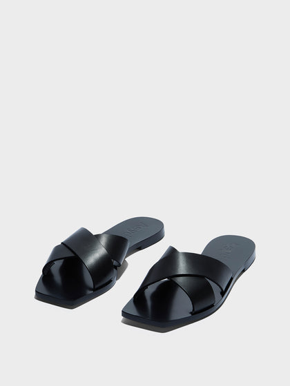 Aeyde | Faye Leather Flat Sandals for Women | Black Calf | Square Toe | Flat Heel | Luxury Materials | Handmade in Italy