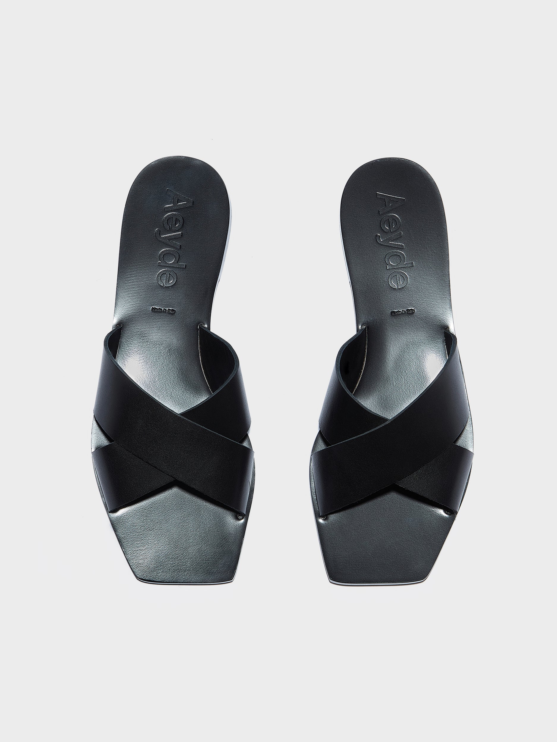 Aeyde | Faye Leather Flat Sandals for Women | Black Calf | Square Toe | Flat Heel | Front View