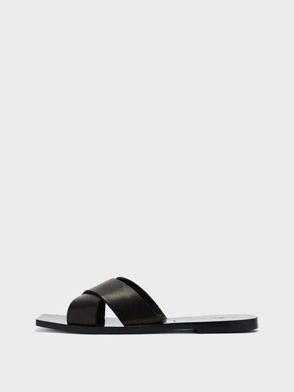 Aeyde | Faye Leather Flat Sandals for Women | Moka Calf | Square Toe | Flat Heel | Side View
