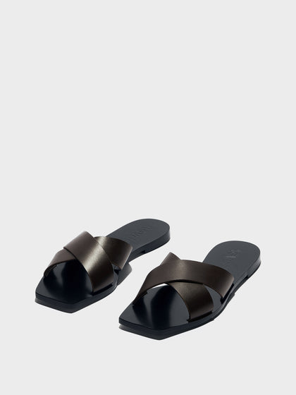 Aeyde | Faye Leather Flat Sandals for Women | Moka Calf | Square Toe | Flat Heel | Luxury Materials | Handmade in Italy