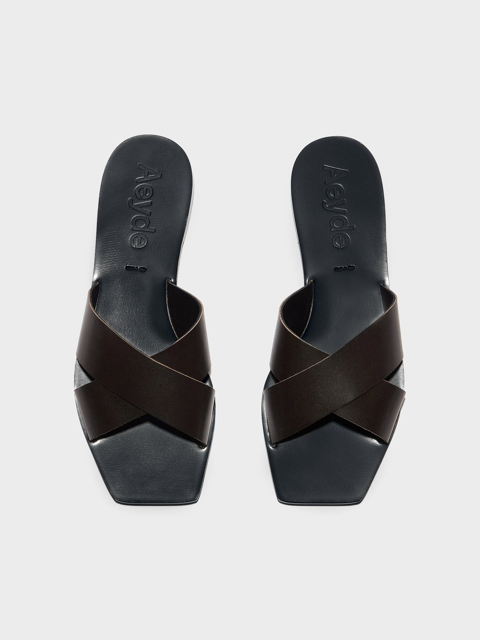 Aeyde | Faye Leather Flat Sandals for Women | Moka Calf | Square Toe | Flat Heel | Front View