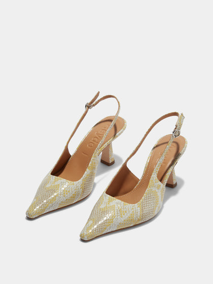 Aeyde | Fernanda Leather Slingback Pumps Leather Pumps for Women | Yellow Snake | Pointed Toe | High Heel | On Feet