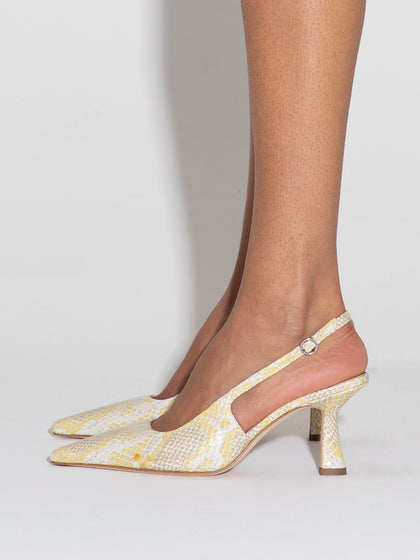 Aeyde | Fernanda Leather Slingback Pumps Leather Pumps for Women | Yellow Snake | Pointed Toe | High Heel | How to Style