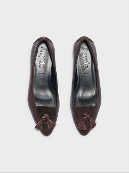 Aeyde | Floris Tassel Flats Leather Flats for Women | Moka Nappa/Suede | Round Toe | Flat Heel | Front View
