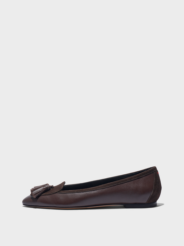 Aeyde | Floris Tassel Flats Leather Flats for Women | Moka Nappa/Suede | Round Toe | Flat Heel | Side View