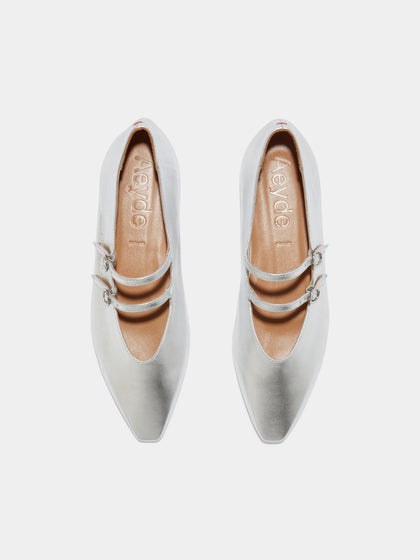 Aeyde | Franny Leather Flats Leather Flats for Women | Silver Nappa | Square Toe | Flat Heel | Front View