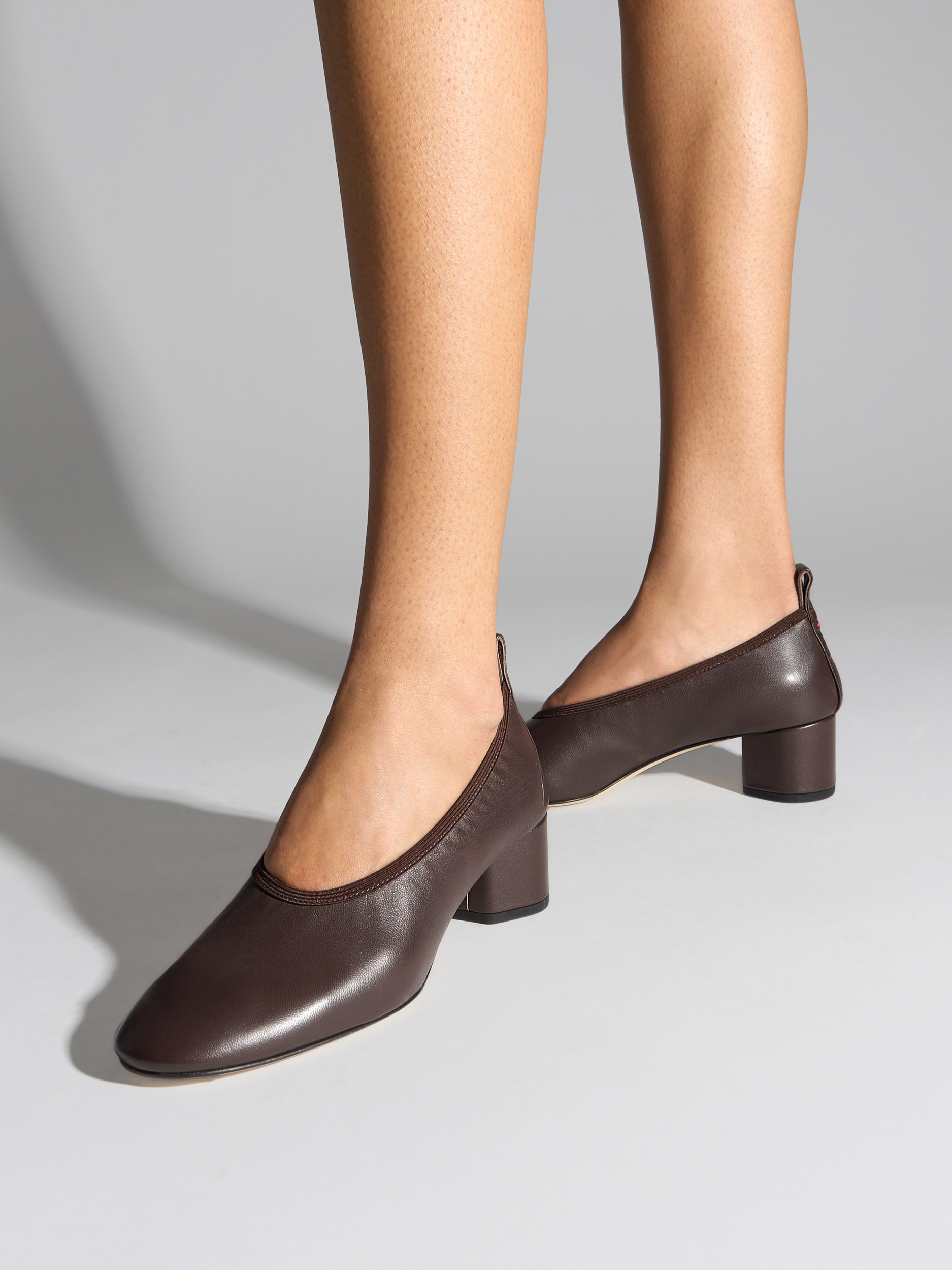 Aeyde | Gemma Leather Pumps for Women | Moka Nappa | Round Toe | Low Heel | On Feet