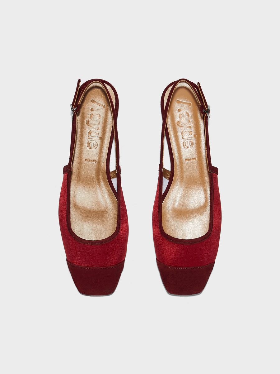 Aeyde | Geraldine Leather Flats for Women | Scarlet Satin/Suede | Square Toe | Flat Heel | Front View
