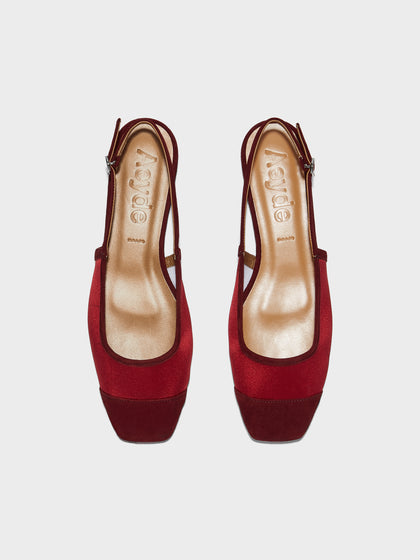 Aeyde | Geraldine Leather Flats for Women | Scarlet Satin/Suede | Square Toe | Flat Heel | Front View