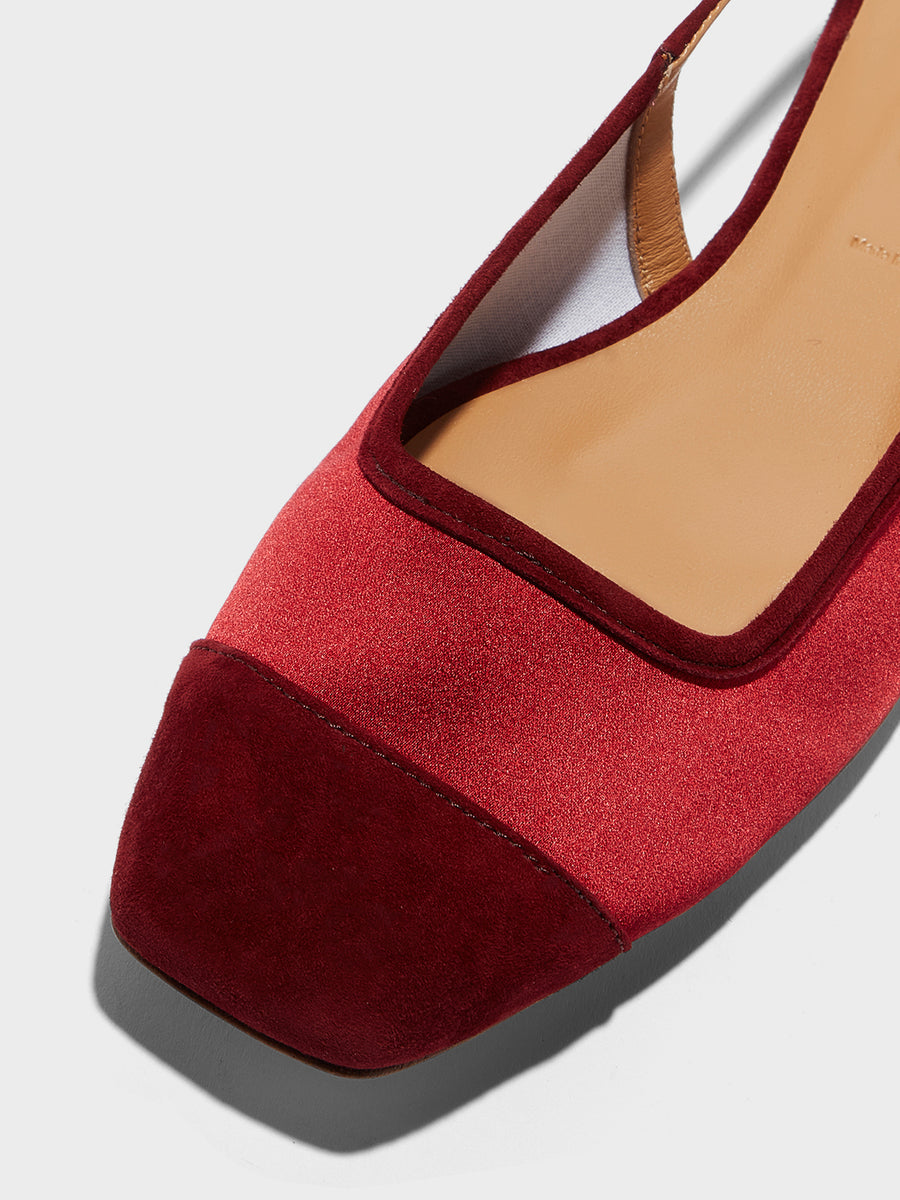 Aeyde | Geraldine Leather Flats for Women | Scarlet Satin/Suede | Square Toe | Flat Heel | Heel Details