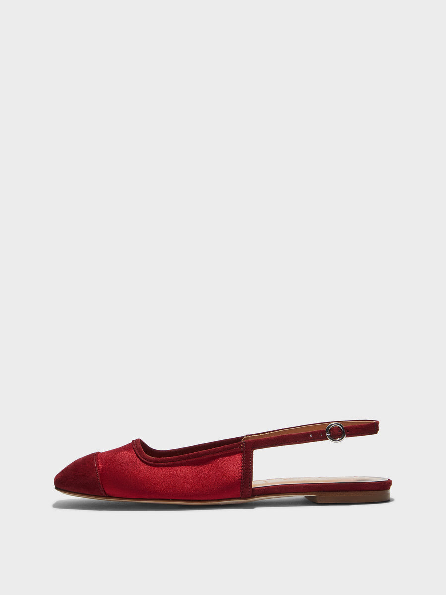 Aeyde | Geraldine Leather Flats for Women | Scarlet Satin/Suede | Square Toe | Flat Heel | Side View