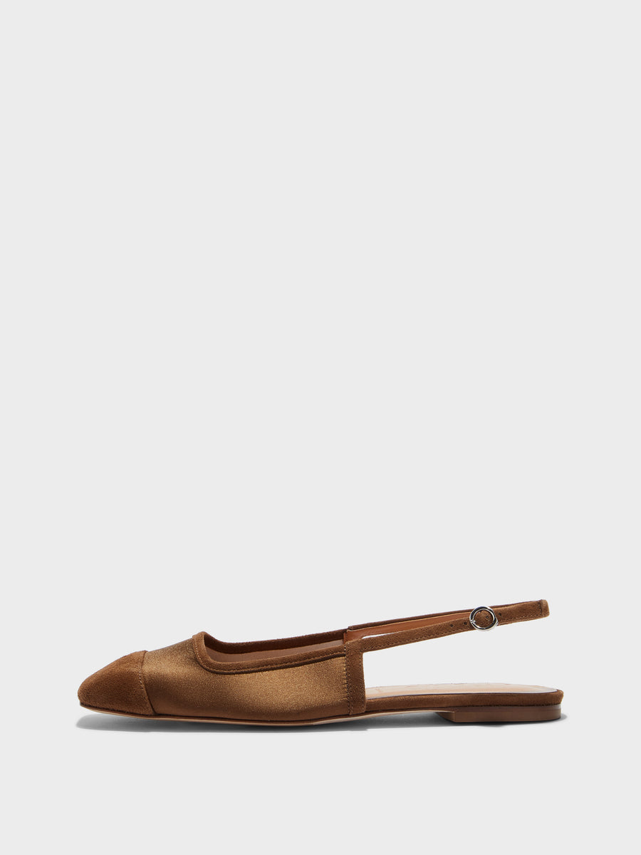 Aeyde | Geraldine Leather Flats for Women | Tobacco Satin/Suede | Square Toe | Flat Heel | Side View