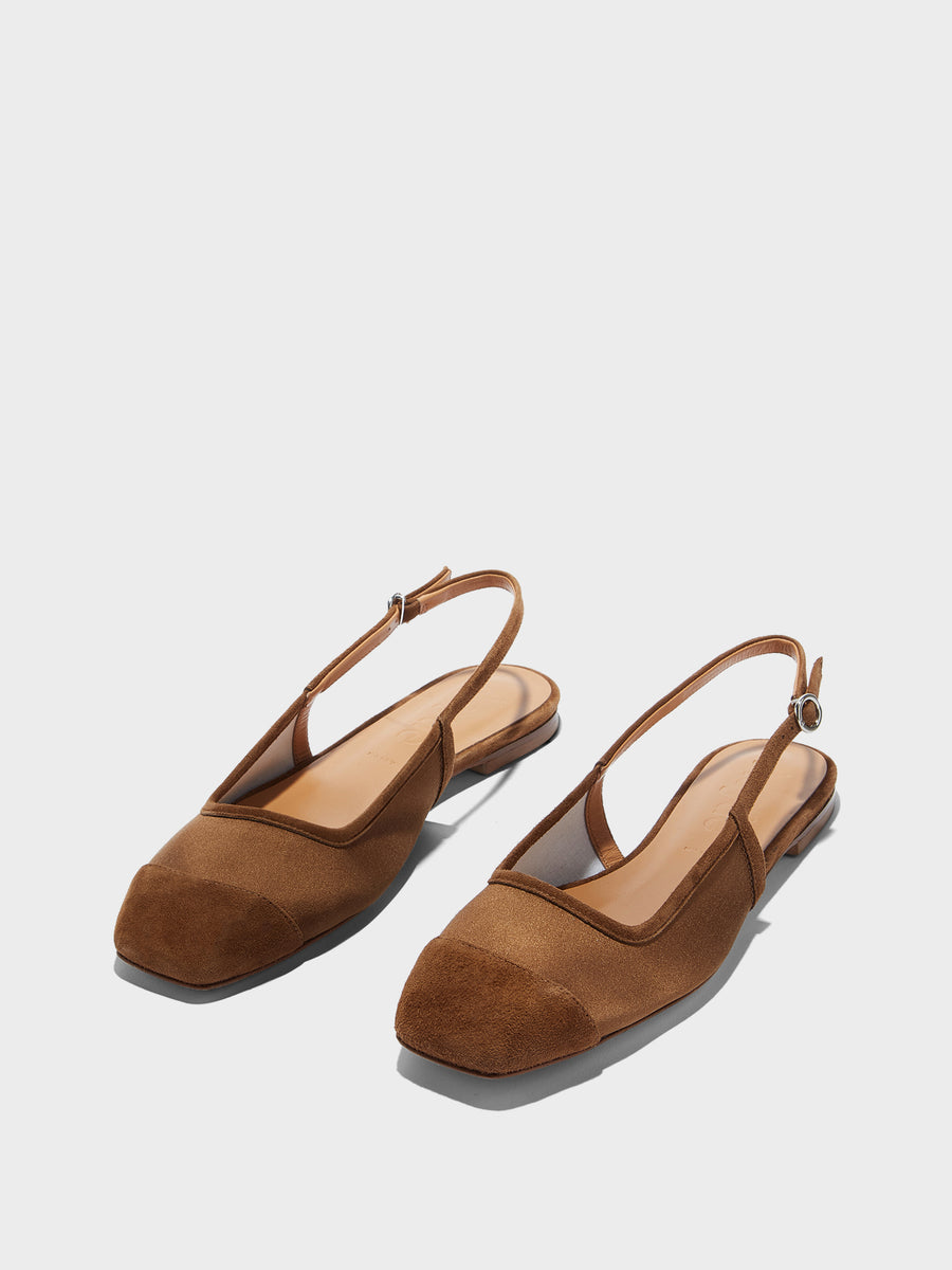 Aeyde | Geraldine Leather Flats for Women | Tobacco Satin/Suede | Square Toe | Flat Heel | Luxury Materials | Handmade in Italy