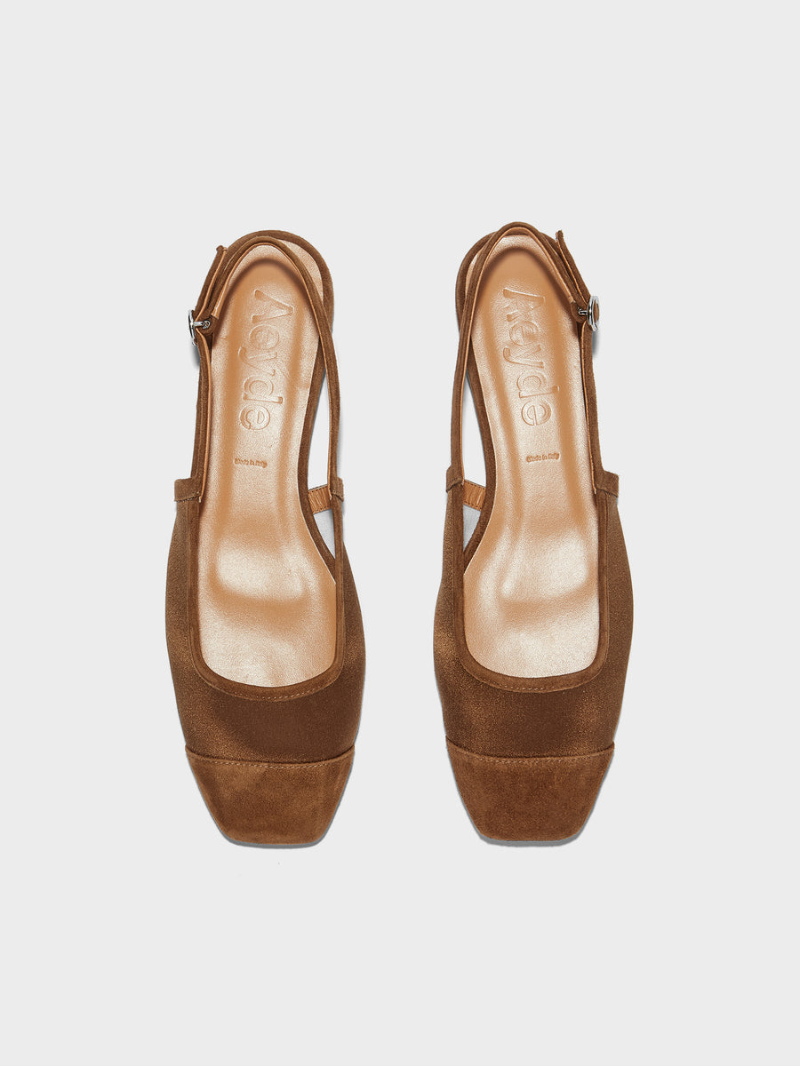 Aeyde | Geraldine Leather Flats for Women | Tobacco Satin/Suede | Square Toe | Flat Heel | Front View