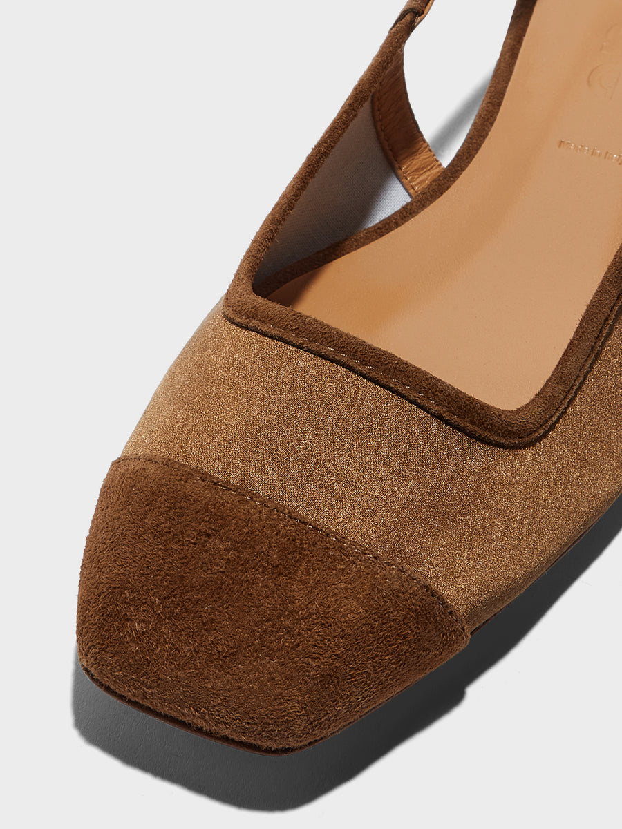 Aeyde | Geraldine Leather Flats for Women | Tobacco Satin/Suede | Square Toe | Flat Heel | Heel Details