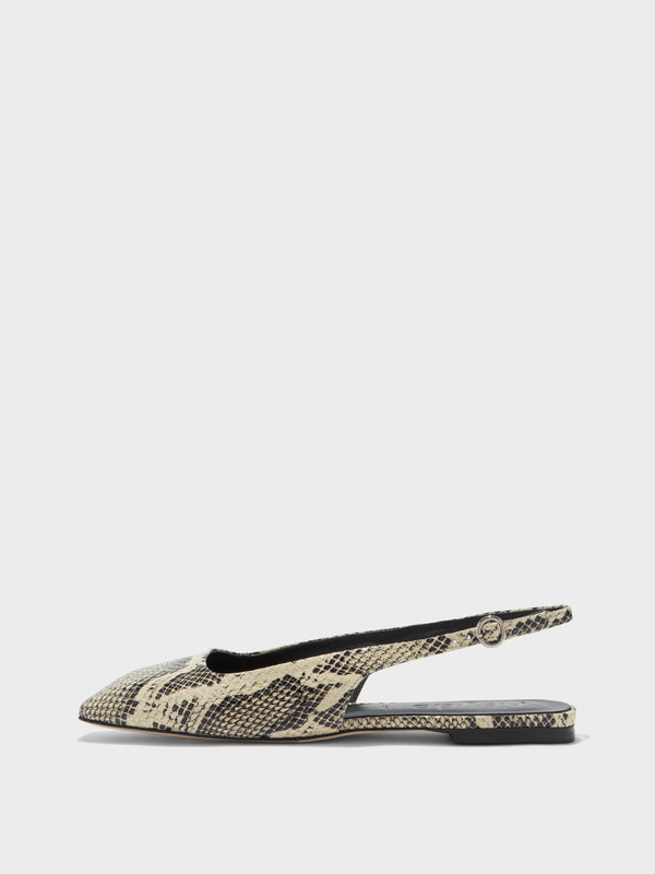 Aeyde | Geraldine Leather Flats for Women | Creamy Snake | Square Toe | Flat Heel | Side View [x=50,y=85]