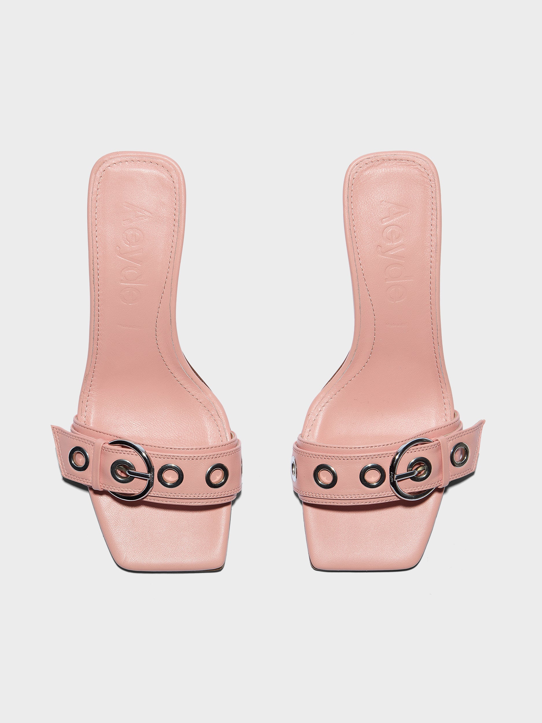 Aeyde | Gilly Leather Heeled Sandals for Women | Dusty Pink Nappa | Square Toe | Mid Heel | Front View