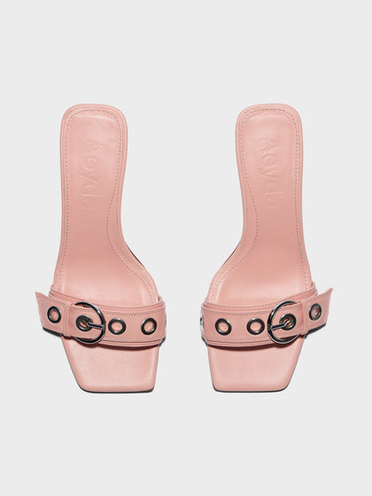 Aeyde | Gilly Leather Heeled Sandals for Women | Dusty Pink Nappa | Square Toe | Mid Heel | Front View