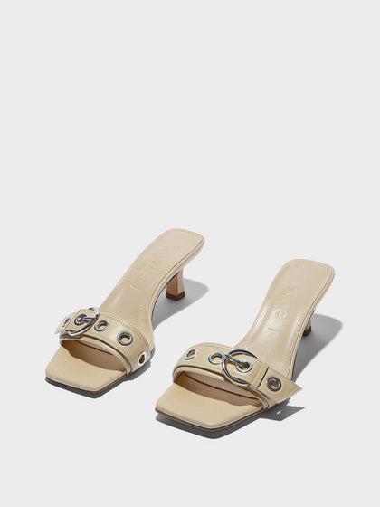 Aeyde | Gilly Leather Heeled Sandals for Women | Sand Nappa | Square Toe | Mid Heel | Luxury Materials | Handmade in Italy