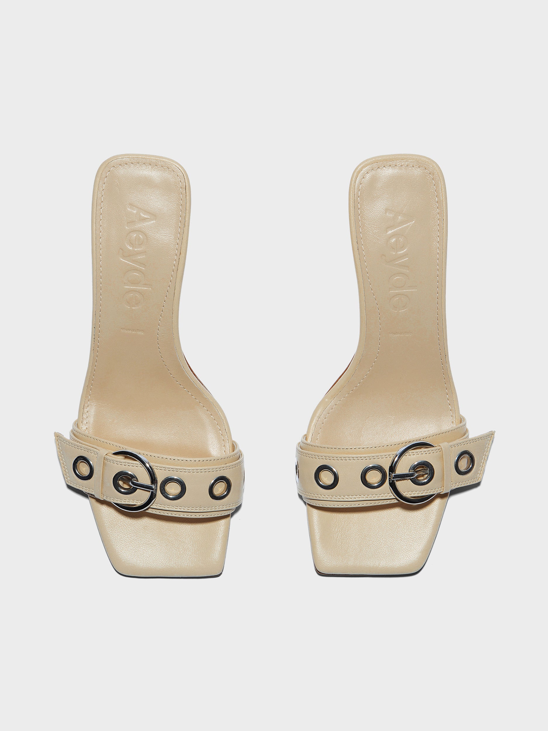 Aeyde | Gilly Leather Heeled Sandals for Women | Sand Nappa | Square Toe | Mid Heel | Front View