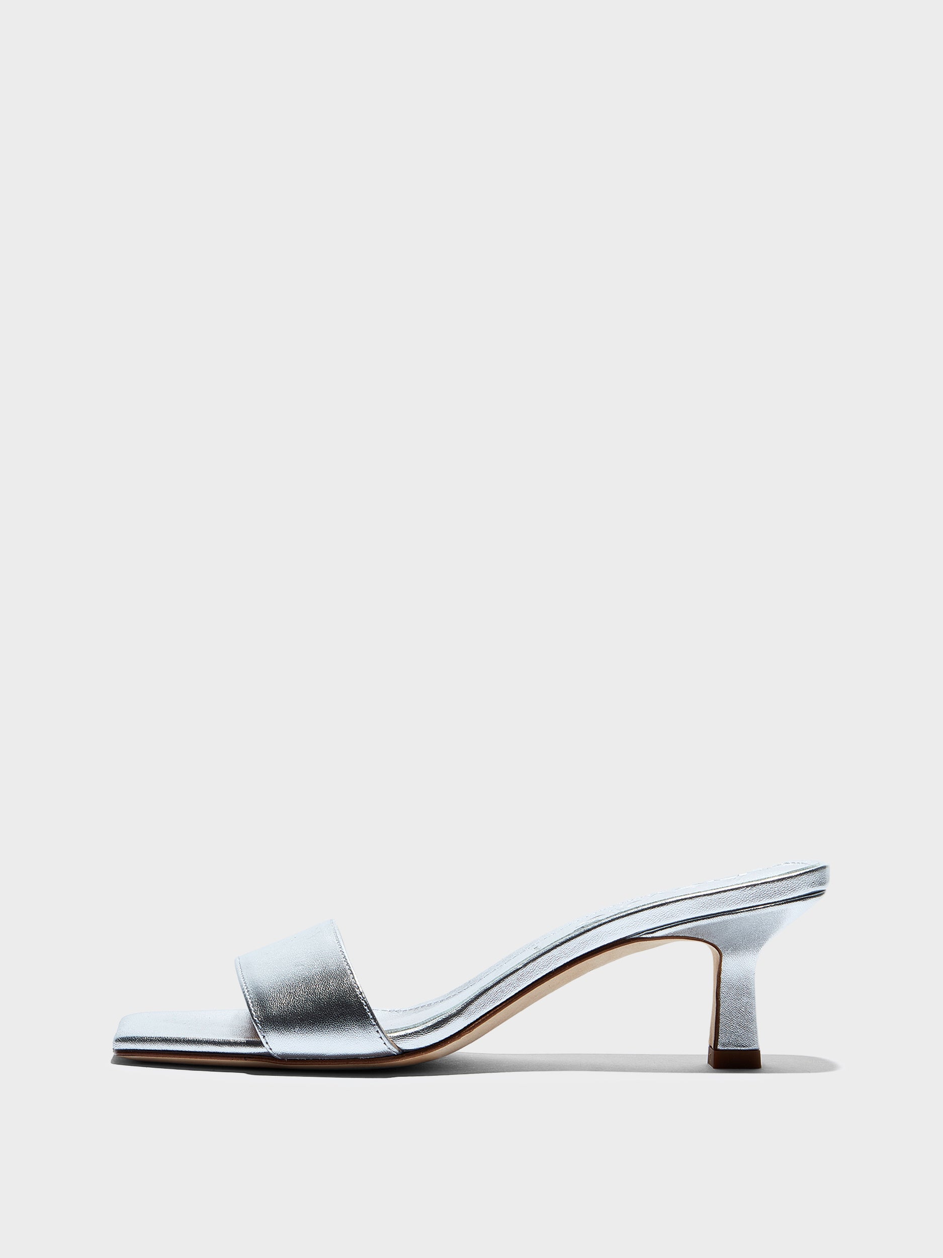 Aeyde | Gilly Leather Heeled Sandals for Women | Silver Nappa | Square Toe | Mid Heel | Side View