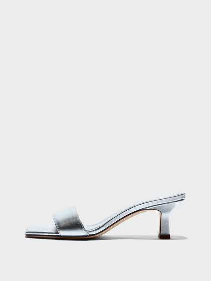 Aeyde | Gilly Leather Heeled Sandals for Women | Silver Nappa | Square Toe | Mid Heel | Side View
