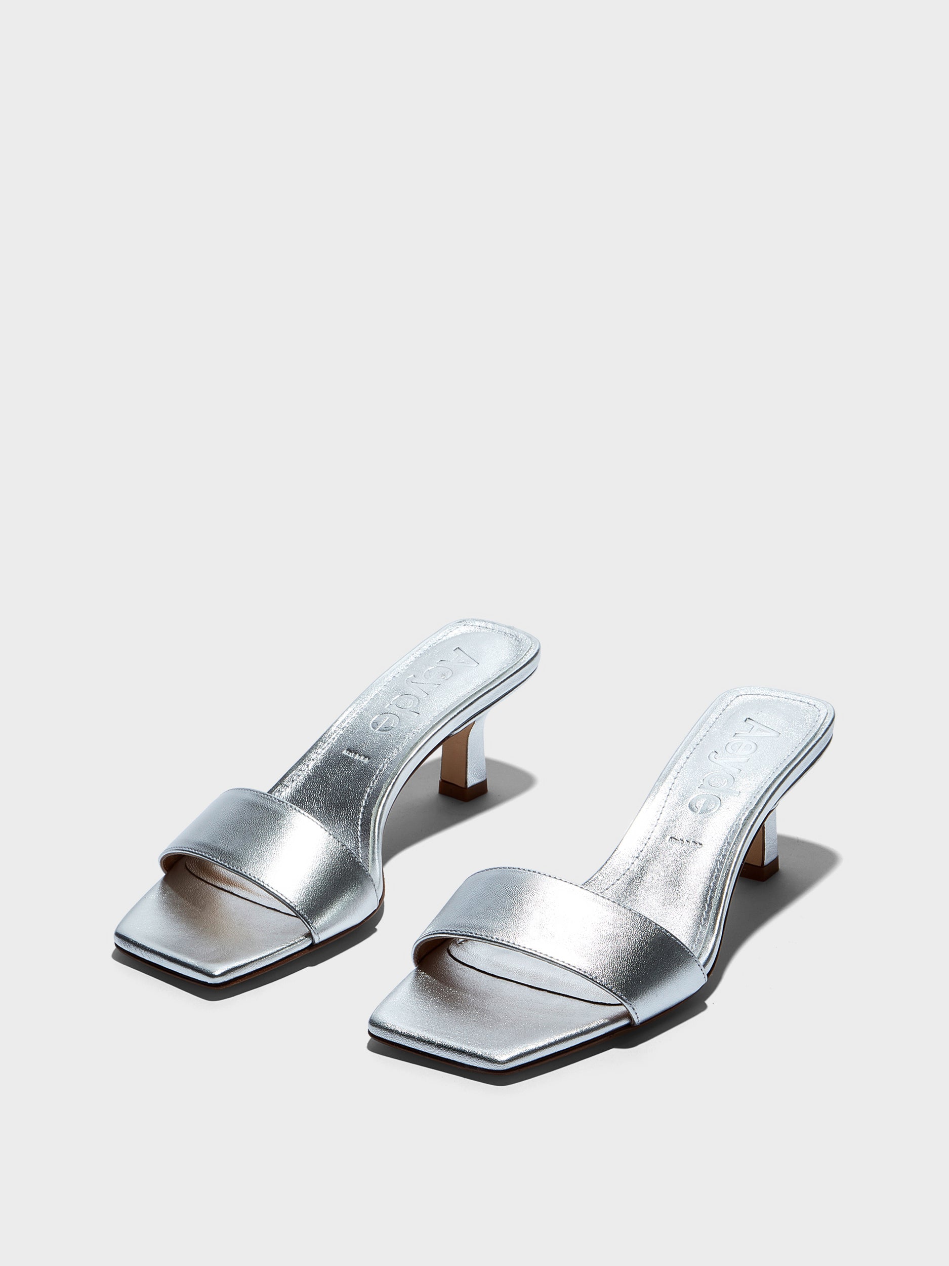 Aeyde | Gilly Leather Heeled Sandals for Women | Silver Nappa | Square Toe | Mid Heel | Luxury Materials | Handmade in Italy