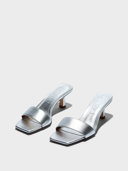 Aeyde | Gilly Leather Heeled Sandals for Women | Silver Nappa | Square Toe | Mid Heel | Luxury Materials | Handmade in Italy